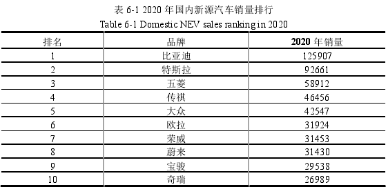 表 6-1 2020 年國內新源汽車銷量排行